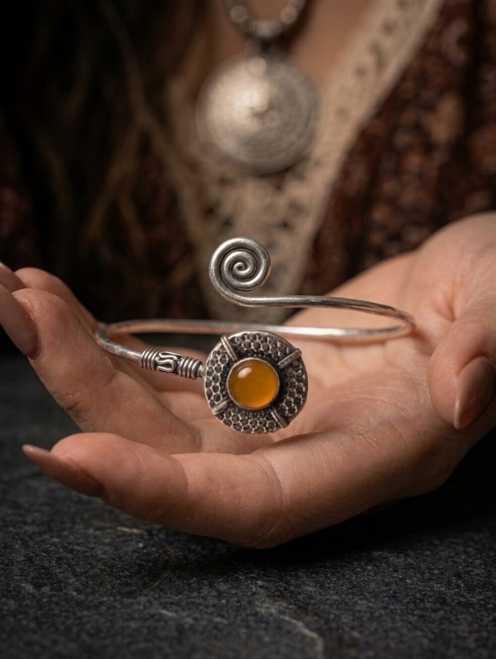 Artisan 925 Sterling Silver Carnelian Cuff Bracelet Spiral Textured Boho 8.75"